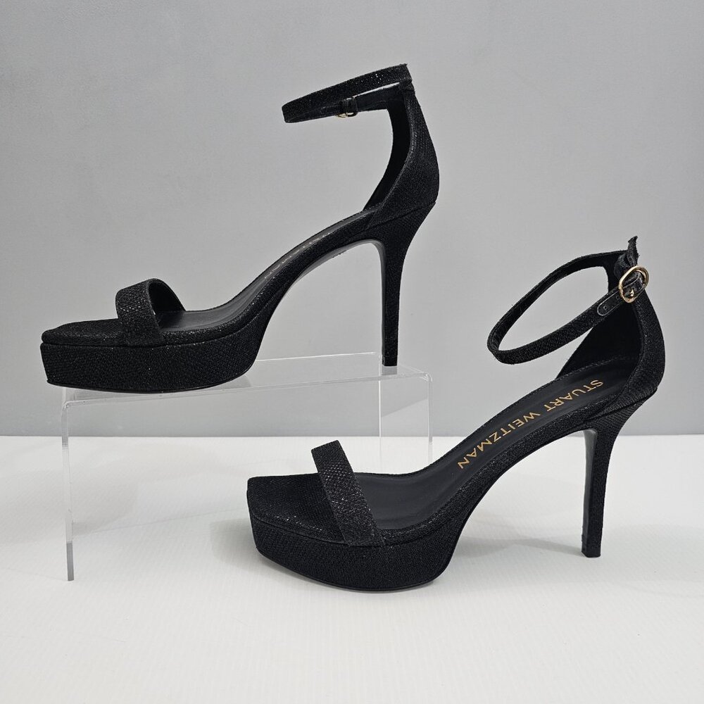 🆕Stuart Weitzman Black Glitter Platform Ankle-Strap Heels. Tried on only - Picture 2 of 14